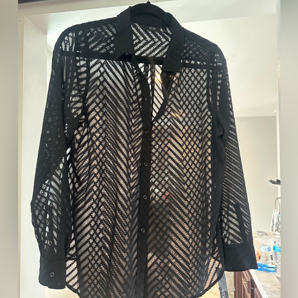 Black Textured Sheer Button Down Shirt